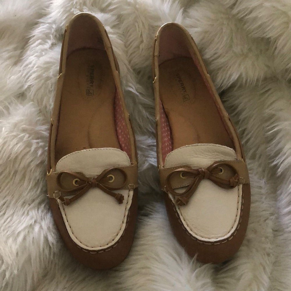 Sperry Top Sider Loafers White & Tan with Gold Grommets